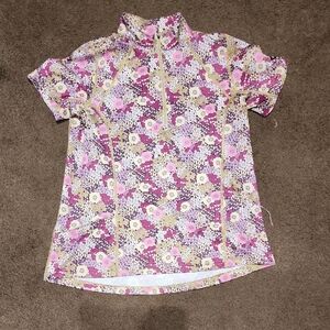 Kerrits Pink and Green Floral Zip Short Sleeve Shirt: Ladies Large